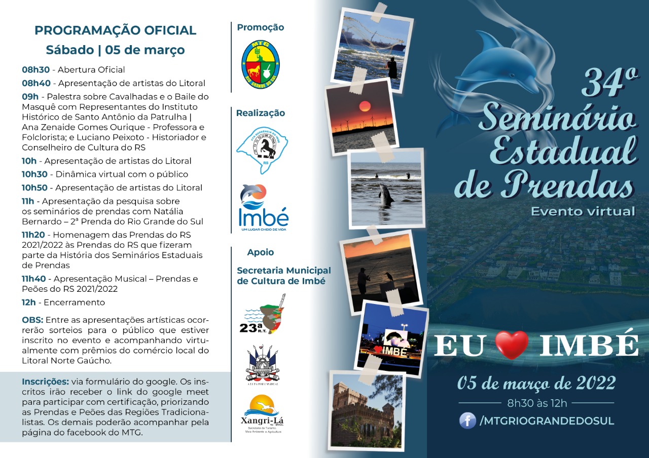 ​Vem aí o 3º Seminário Estadual de Prendas, em Imbé (evento Virtual - online).
